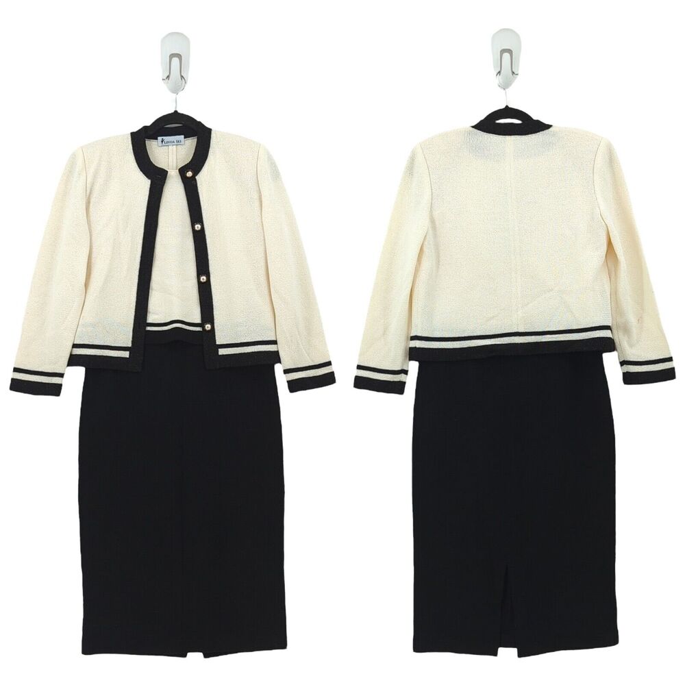 Linda Iki Women M Suit Set White Black Knit Blazer Blouse Skirt Shimmer VTG FLAW